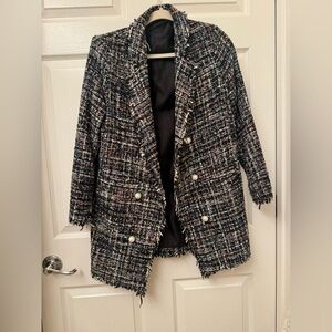 Women's Black Tweed Coat with Pearl Buttons